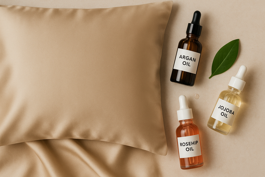 Gotero de aceite natural sobre funda de almohada de seda, simbolizando hidratación nocturna.