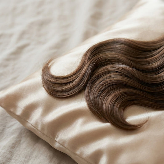 Cabello sano sin frizz sobre almohada de seda natural.