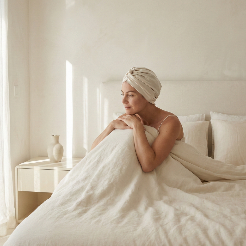 Mujer durmiendo con turbante de seda Mulberry de Onisa Coté