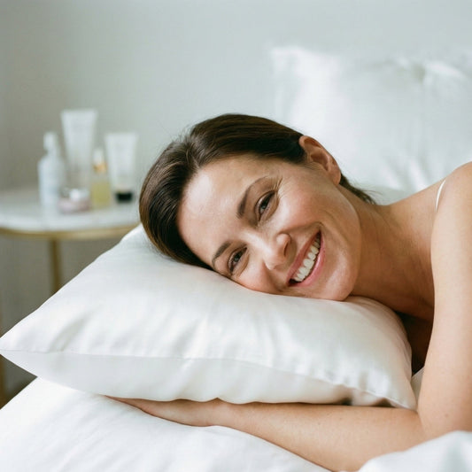 Mujer feliz con piel radiante descansando sobre funda de almohada de seda blanca Onisa Coté para evitar acné