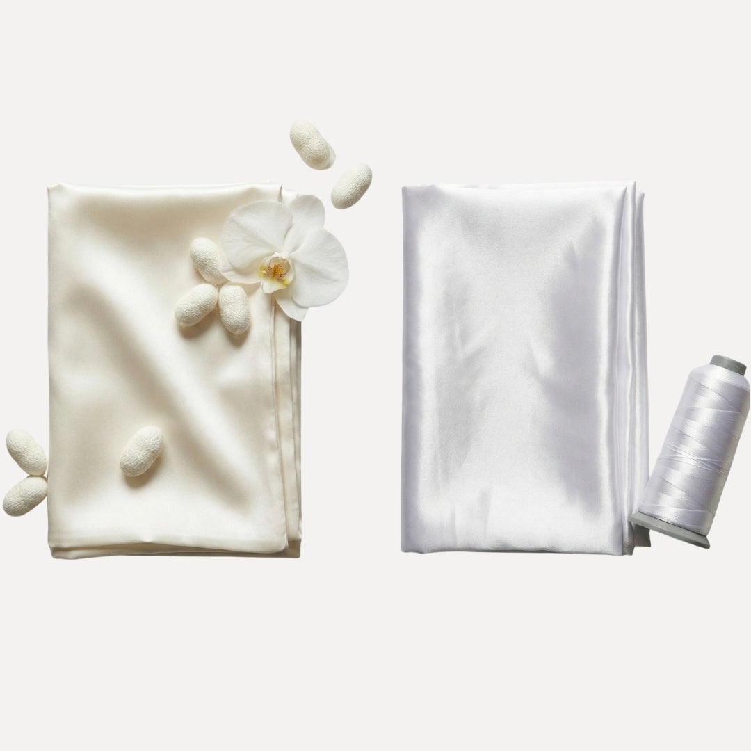 Comparativa visual: Seda natural Onisa Coté (origen capullos) frente a Satén de poliéster sintético (origen industrial)