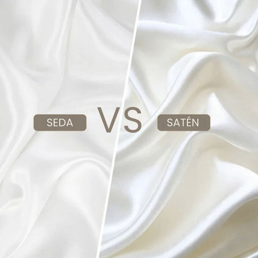 Primer plano dividido comparando la textura fotorrealista de la seda frente al satén.