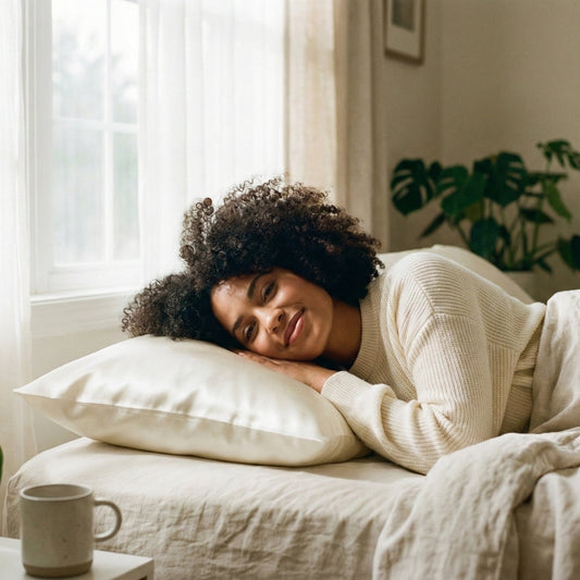 Mujer con cabello rizado definido descansando sobre una funda de almohada de seda Onisa Coté, despertando sin frizz siguiendo el método curly.