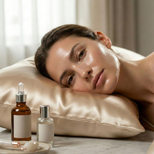 Modelo con piel radiante y glowing de Onisa Coté descansando en una funda de seda Mulberry color champagne.