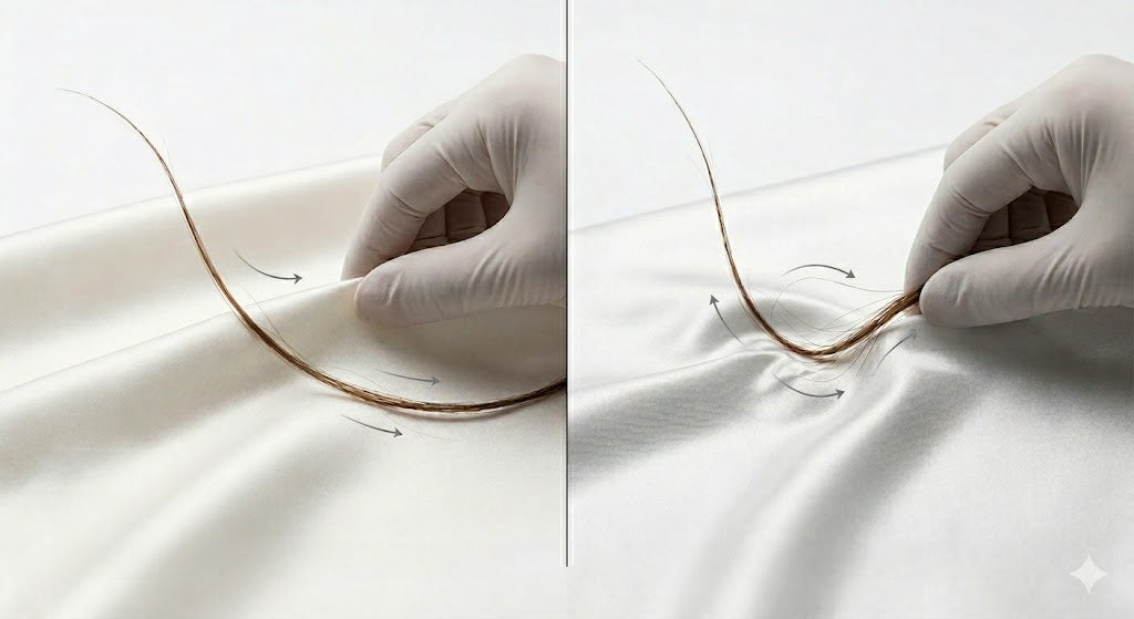 Comparativa visual de la fricción del cabello: funda de seda natural suave a la izquierda frente a funda de satén sintético a la derecha.
